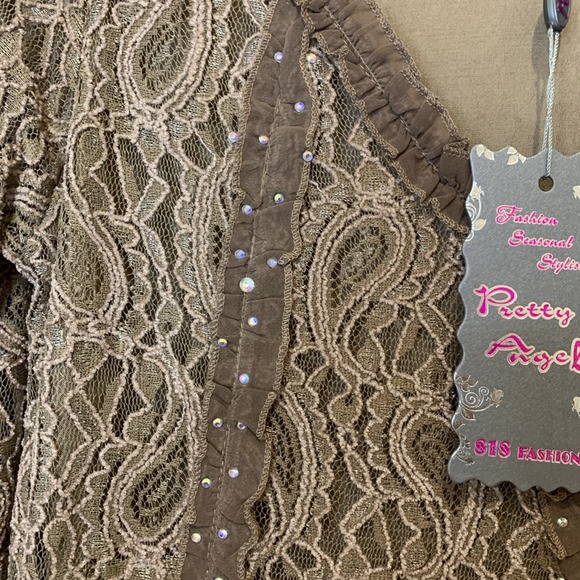 Pretty Angel Brown Mocha Small asymmetrical Crystal Lace Fairy Goth Blouse NWT - Picture 5 of 14